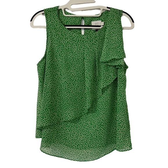 Anthropologie Tops - Anthropologie HD Paris Green White Sleeveless Ruffled Printed Chiffon Top Sz 2P‎
